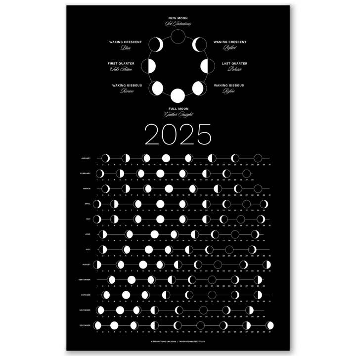 Thankful Greetings - Vente Calendrier - Calendrier des phases de la lune 2025 - Impression lunaire foncée