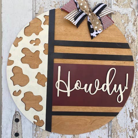 Vick Crafts - Wholesale Door Hanger - Howdy Cow Print Door Hanger, Everyday Decor, Wood Sign