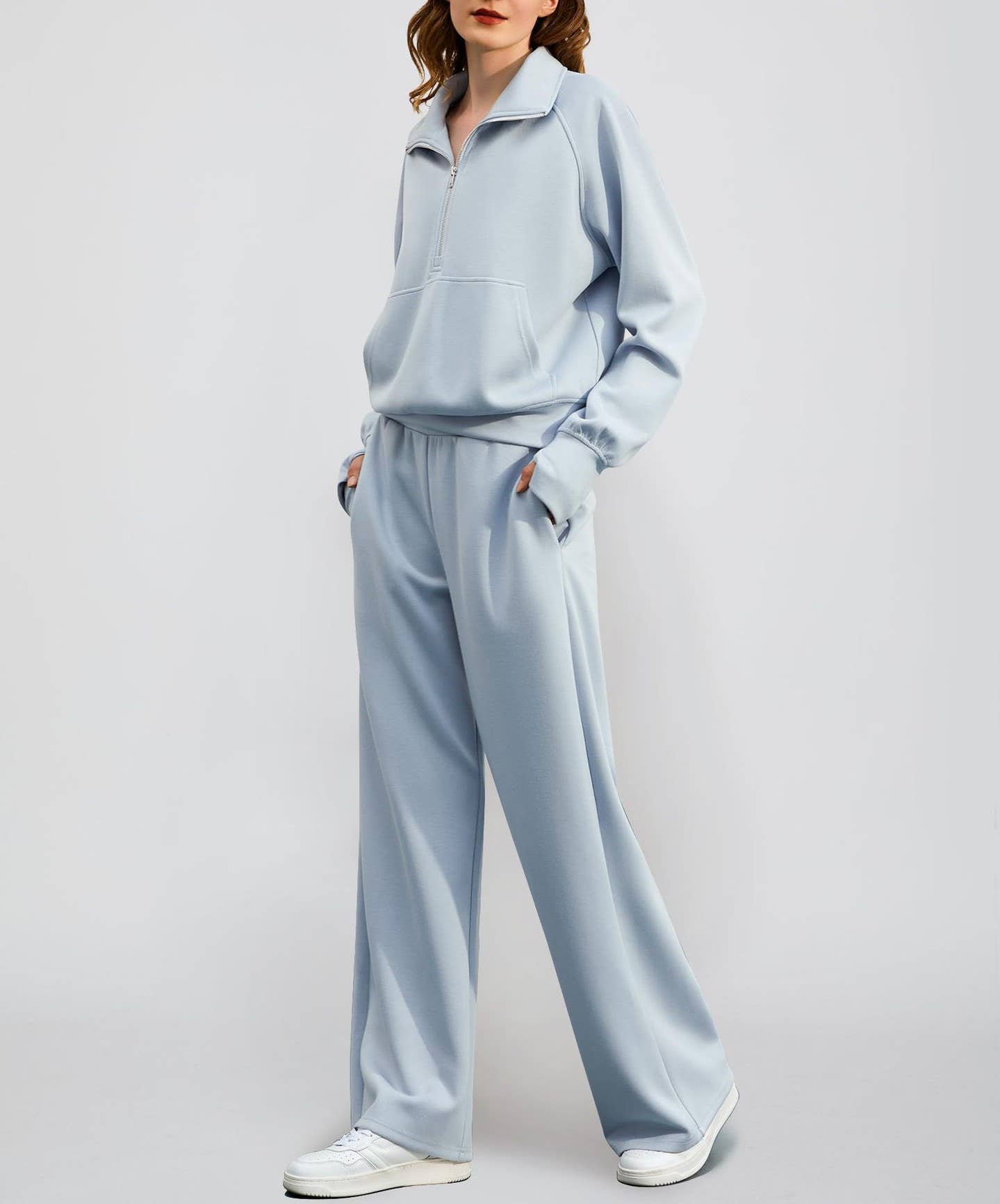 Rosa Clothing - Wholesale Activewear Set - Women's - Zipper Sweatshirt Wide Leg Sweatpants Casual Set3