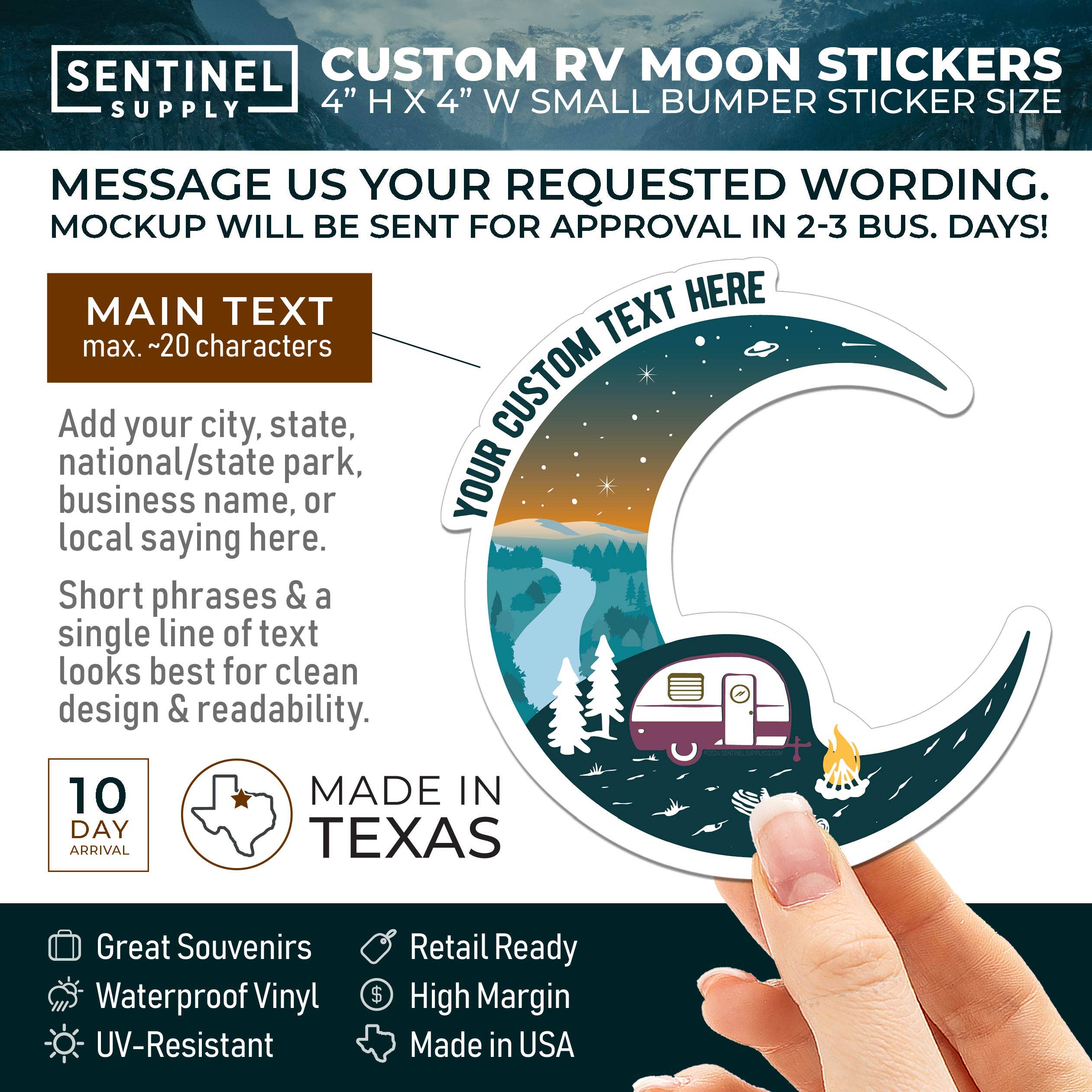 Sentinel Supply - Wholesale Sticker - Custom Forest RV Moon Stickers - Campground Name Drop Decals1