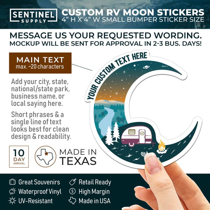 Sentinel Supply - Wholesale Sticker - Custom Forest RV Moon Stickers - Campground Name Drop Decals1