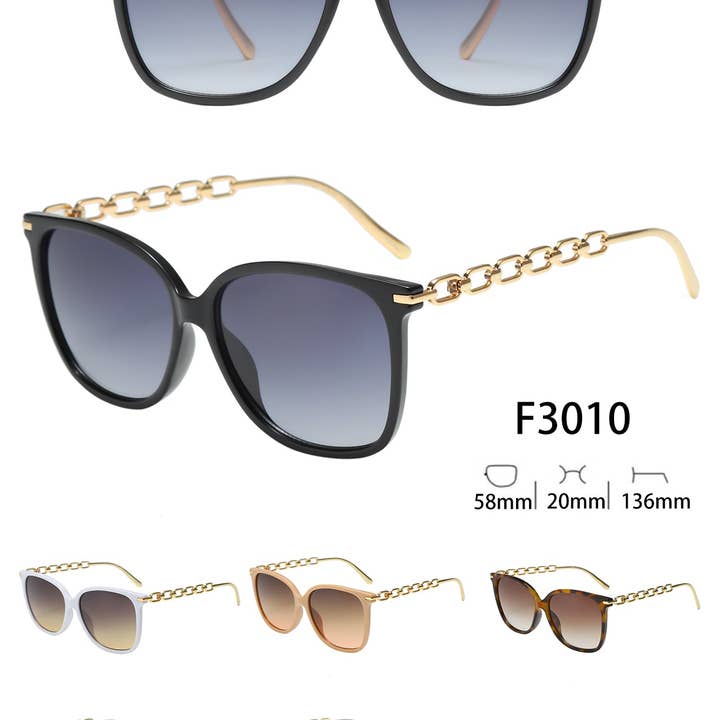 Prime Opticals - Wholesale Sunglasses - Women's - F3010, Fashionable Sunglasses with Gold Color Chain Arms
