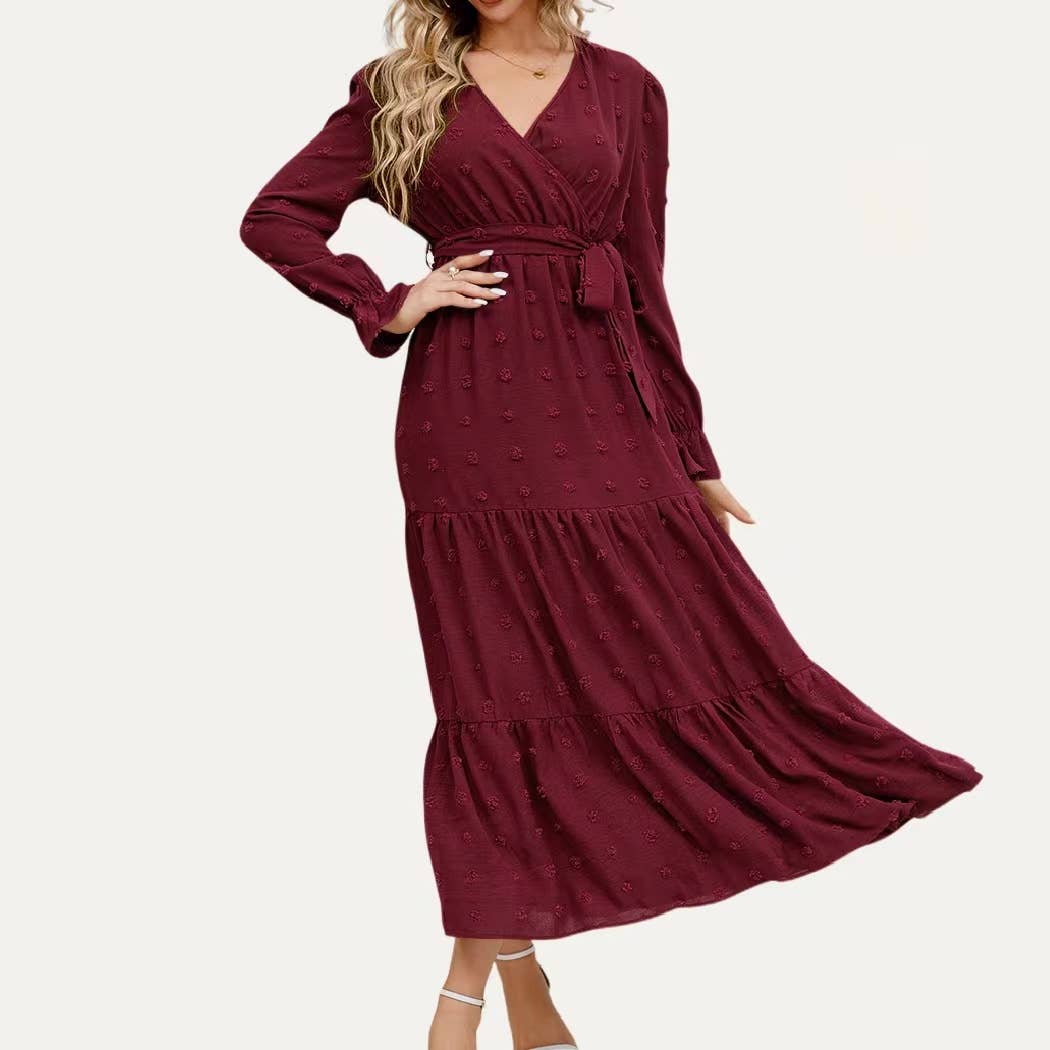 The Moment Collection – wholesale Dress – Women's – Classic Swiss Dot Surplice Neck Long Sleeve Maxi Dress1