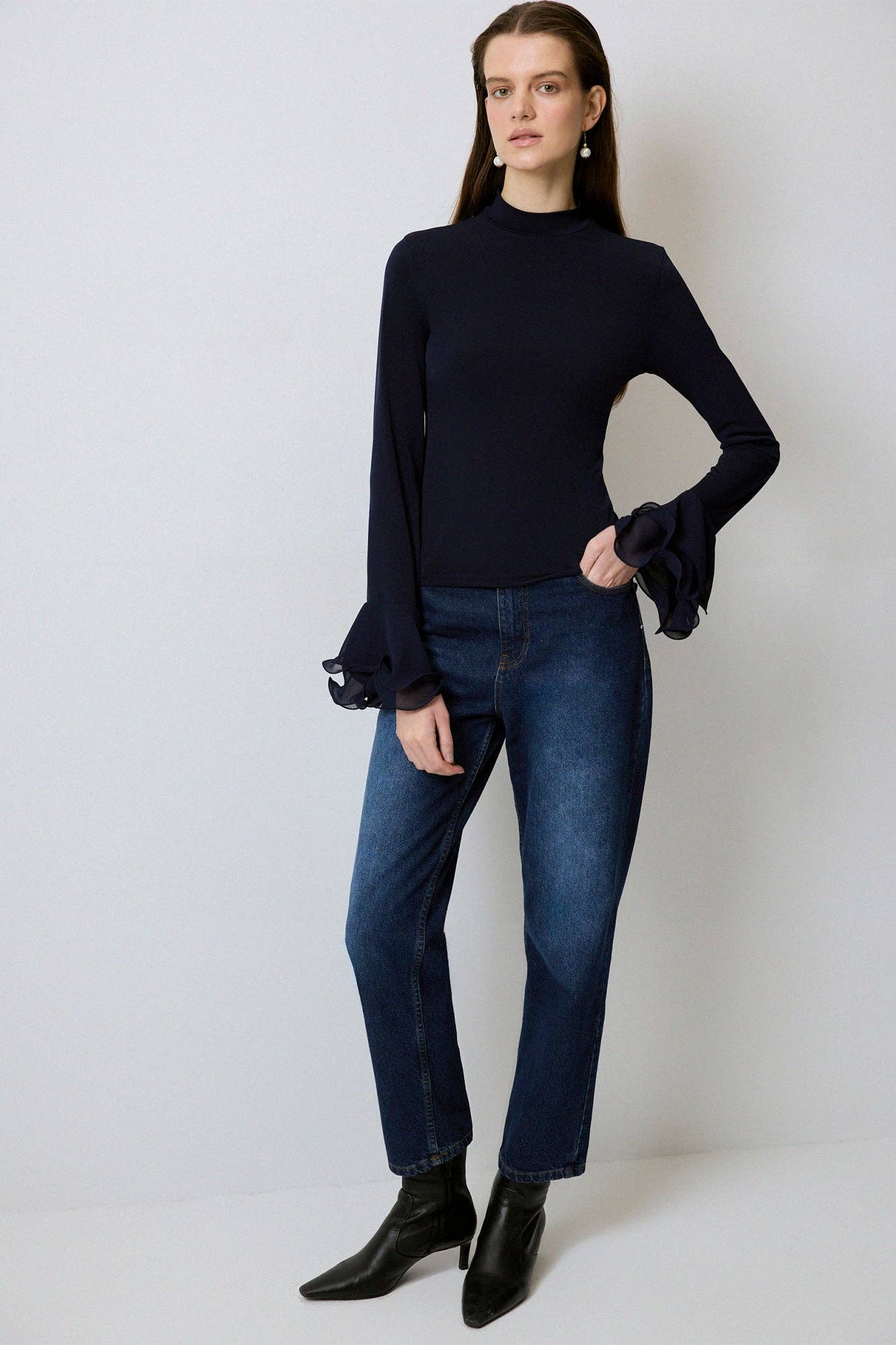 Lacivert Knit Blouse with Sheer Chiffon Flounce Sleeves
 for wholesale on Faire3