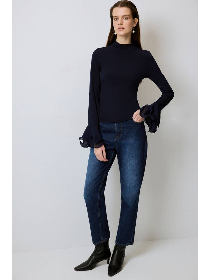 Lacivert Knit Blouse with Sheer Chiffon Flounce Sleeves
for wholesale on Faire3