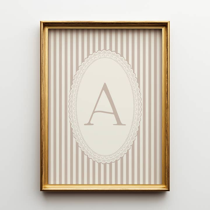 Pink Stripe Initial Wall Art | Letter 'A' Monogram Print for wholesale by Paperly Creative Co
