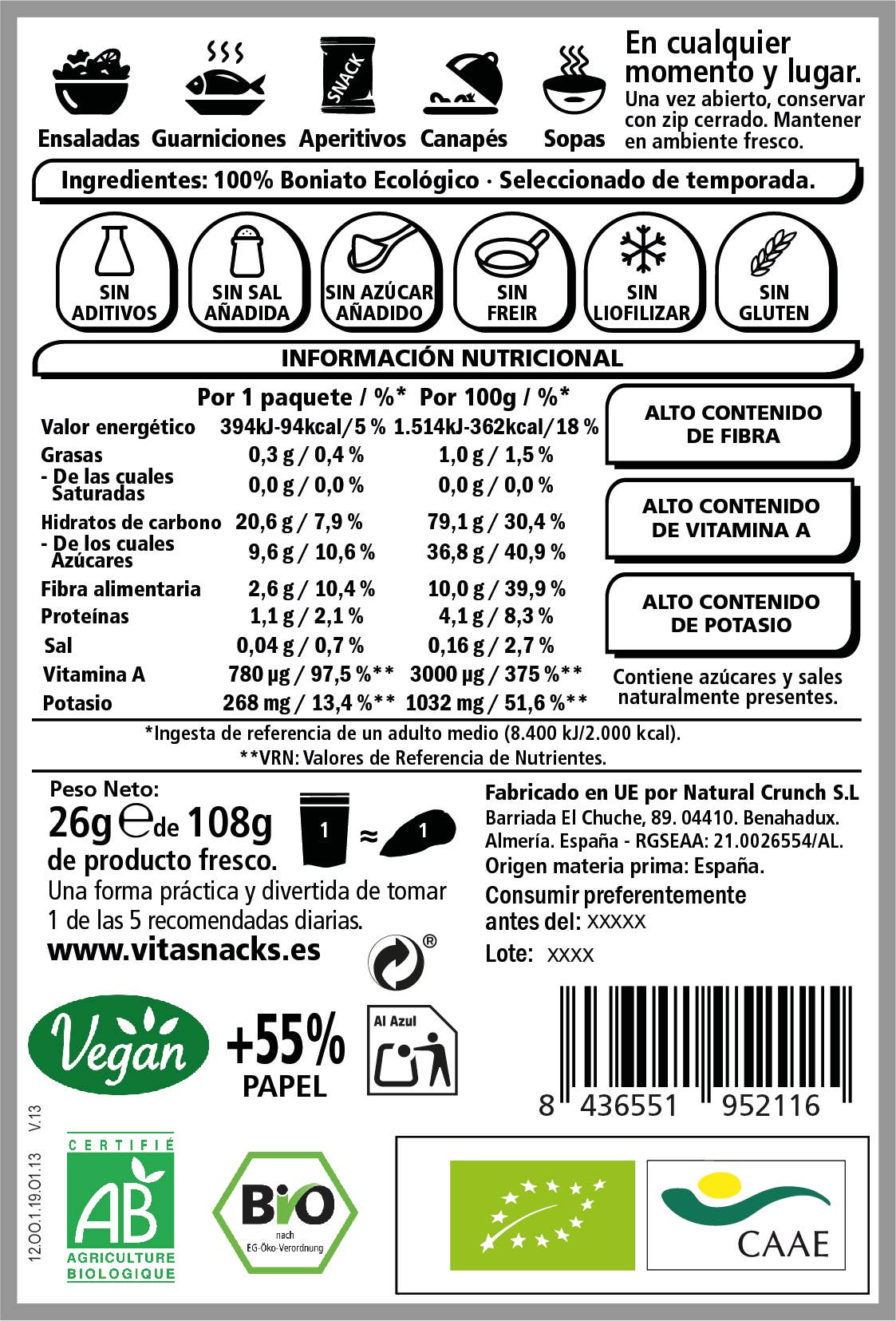 VITASNACK - Wholesale Chips - Organic Crunchy Sweet Potato Chips. NOT FRIED1