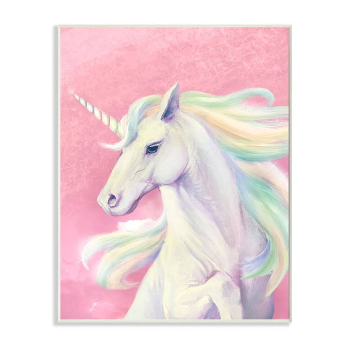 Stupell Industries – wholesale Väggplakett – Rosa Unicorn Porträtt Lekfull Regnbåge Hår