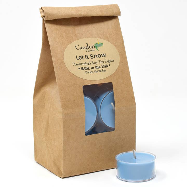 Let It Snow, Soy Tea Light 12-Pack for wholesale by Candeo Candle