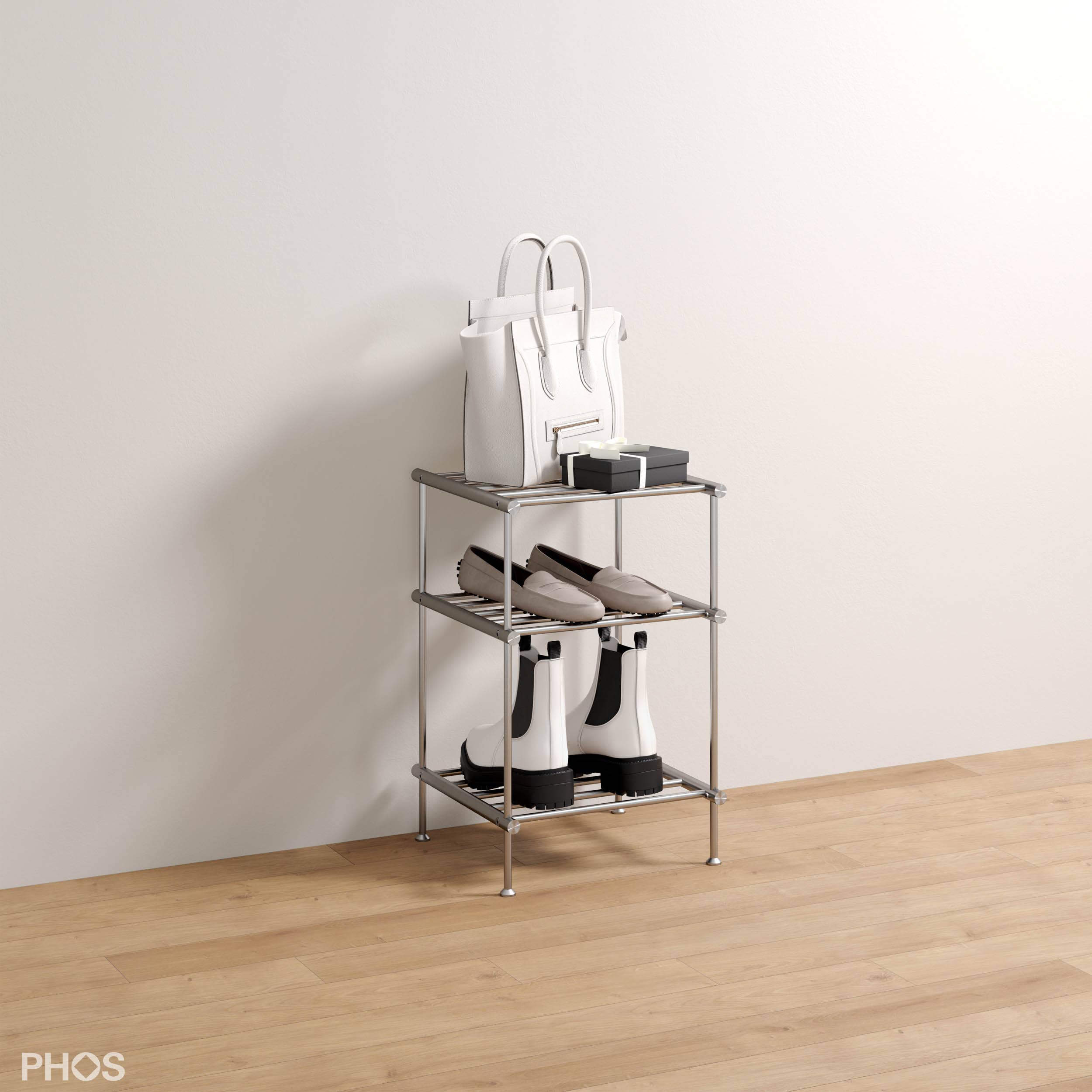 PHOS Design GmbH - Wholesale Shoe Rack - Narrow high shoe racks made of solid stainless steel, free-standing1