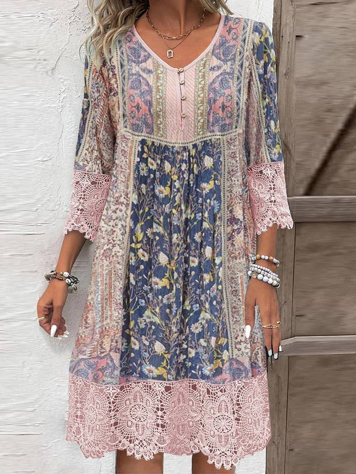 Full Size Lace Detail Printed Three-Quarter Sleeve Dress for wholesale by Beyond Apparel