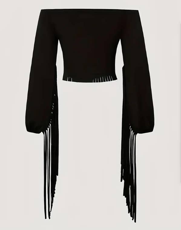 Brown Long-Sleeve Cowboy Fringe Crop Top for wholesale on Faire3