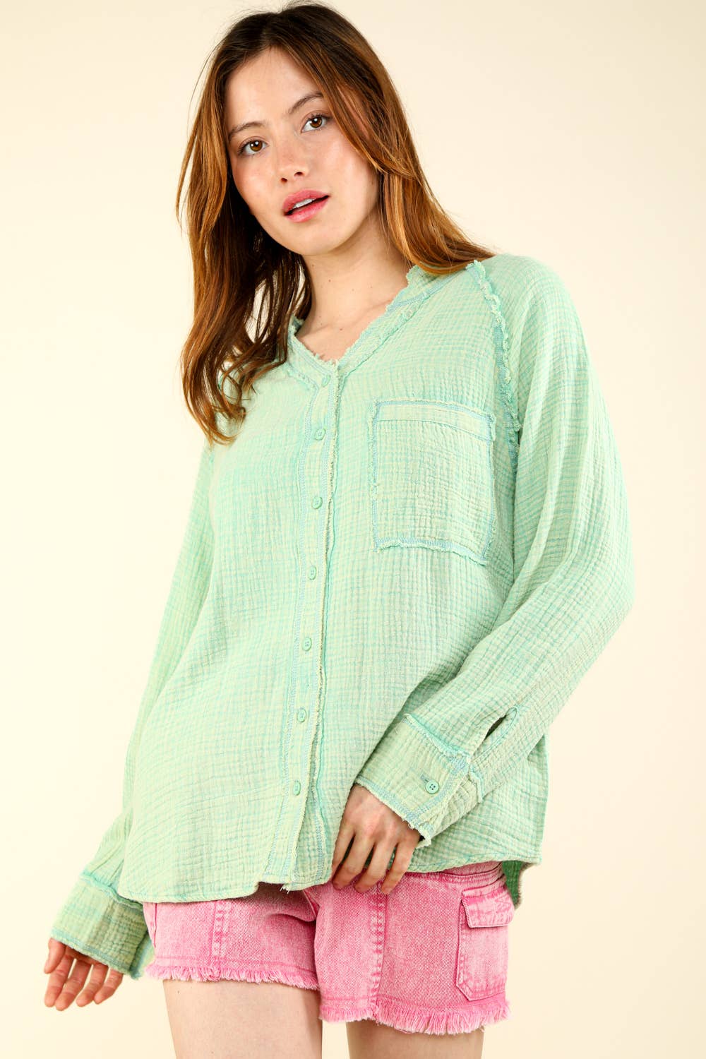 VERY J - Wholesale Button Down Shirt - Women's - NT11350-Oversized Washed Woven Crinkled Gauze Shirt Top3