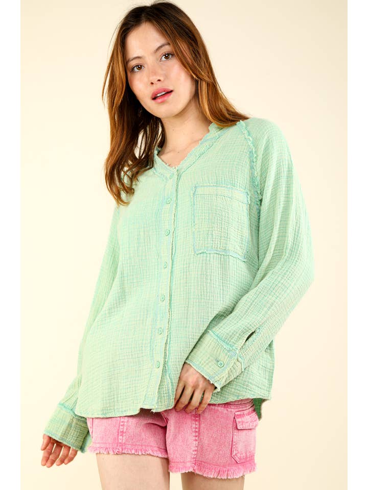 VERY J - Wholesale Button Down Shirt - Women's - NT11350-Oversized Washed Woven Crinkled Gauze Shirt Top3