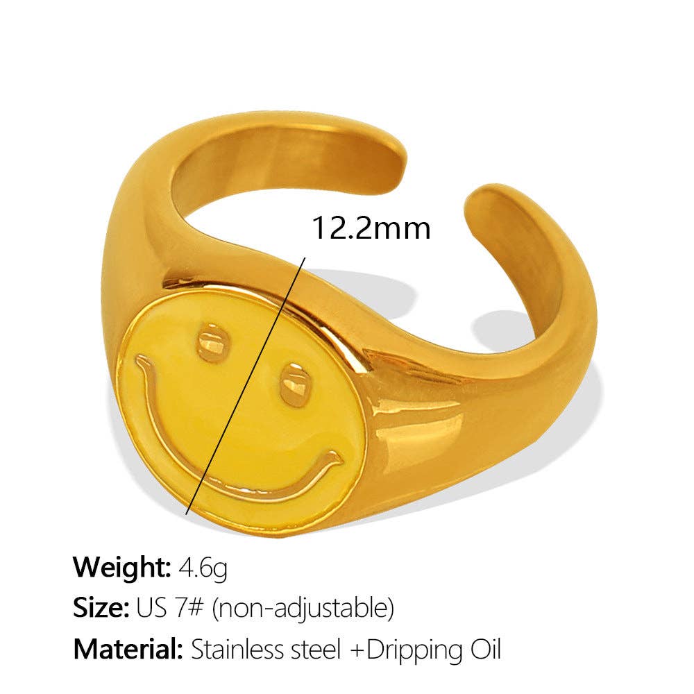 alberalkirk - Vente Bague de cocktail/de cérémonie - Bague Visage Souriant Acier Titane Émail Goutte d'Or 18K S5P0193