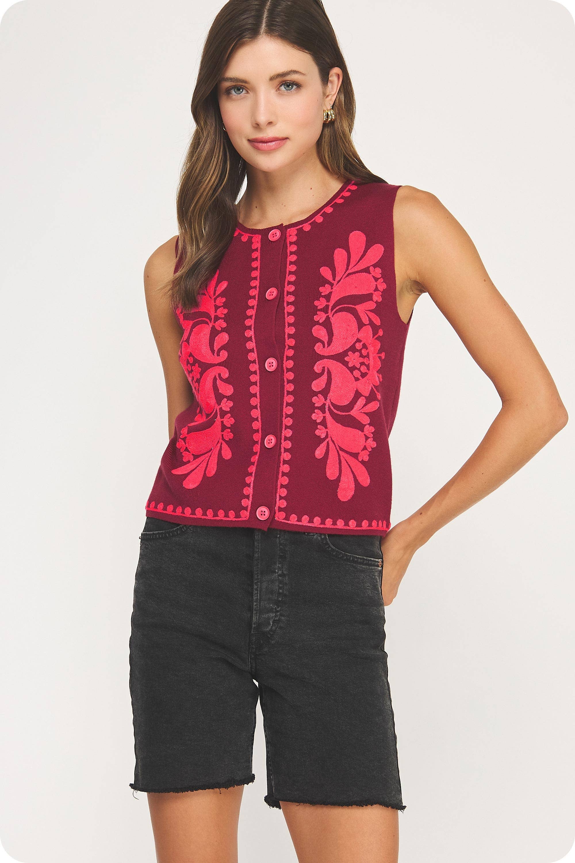 Strut & Bolt - Venta al por mayor Chaleco de abrigo - Mujer - Top sin mangas de punto con bordado floral30