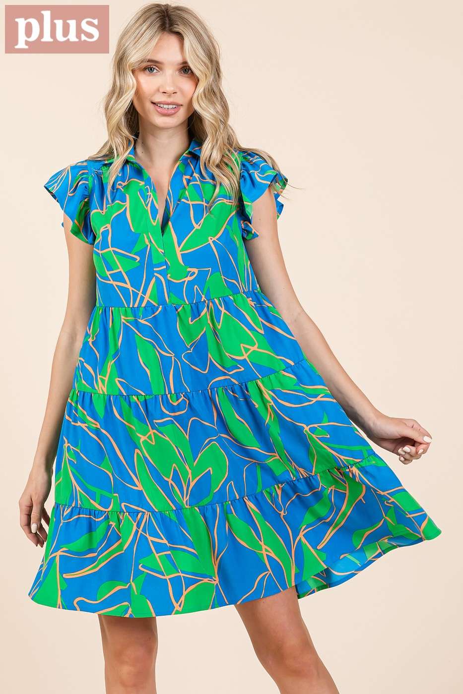 mittoshop - Wholesale Dress - Women's - PLUS LEAF PRINT RUFFLE SLEEVE TIERED MINI DRESS12