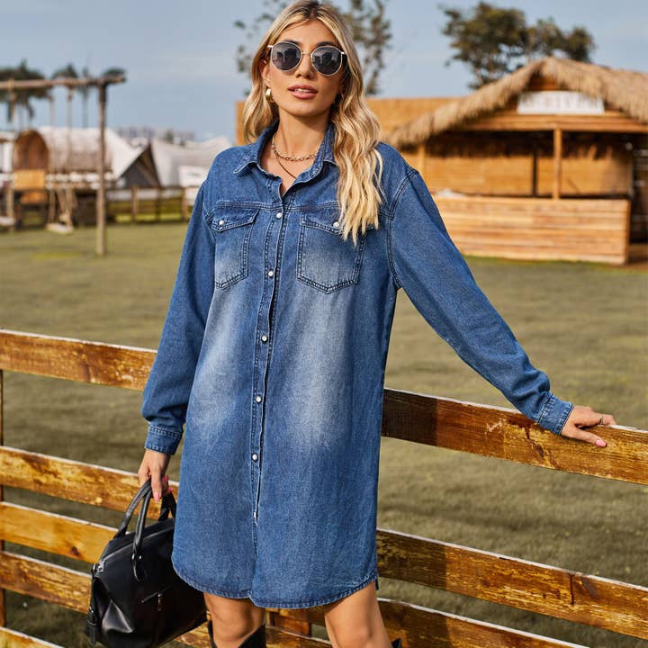 Hope & Sunshine - Wholesale Dress - Women's - Washed Denim Long Sleeve Casual Dress8