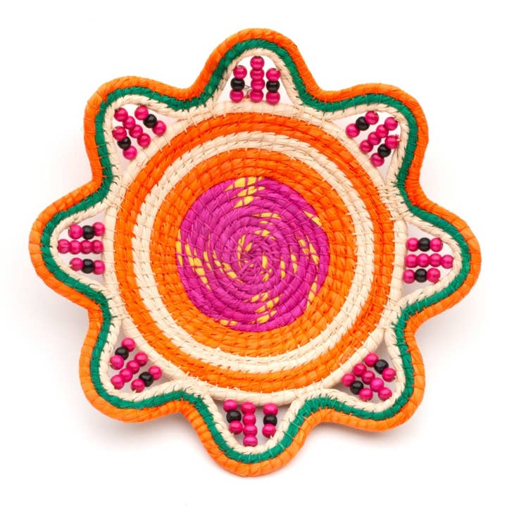 RASPBERRY AND ORANGE DELIGHT - HANDMADE CHAMBIRA PALM FIBER BASKET - WOVEN BY ARTISAN FROM PERUVIAN AMAZON for wholesale by Amazon Ecology