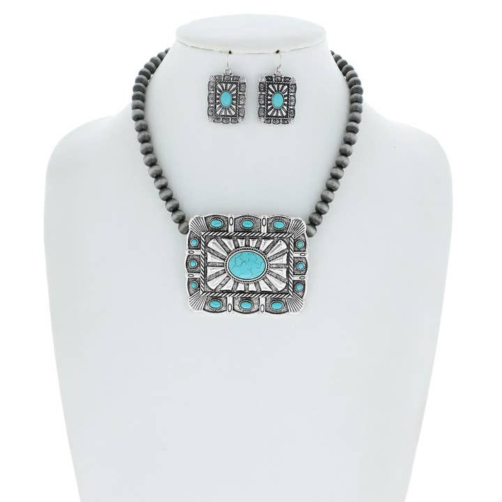 SP Sophia Collection - Wholesale Jewelry Set - Turquoise Semi Stone Rectangle Concho Beaded Necklace Set1