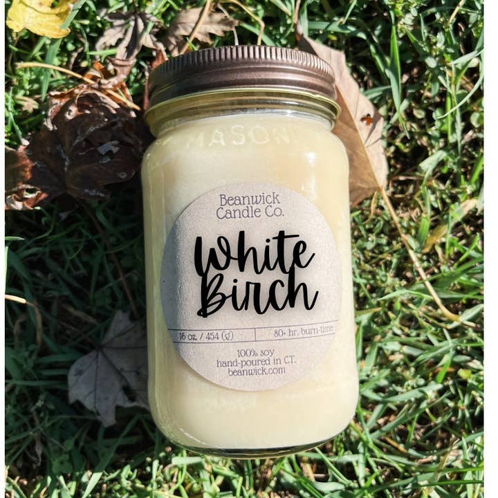 Witte berkensojakaars in Mason Jar, uniek cadeau voor wholesale door Beanwick Candle Co.