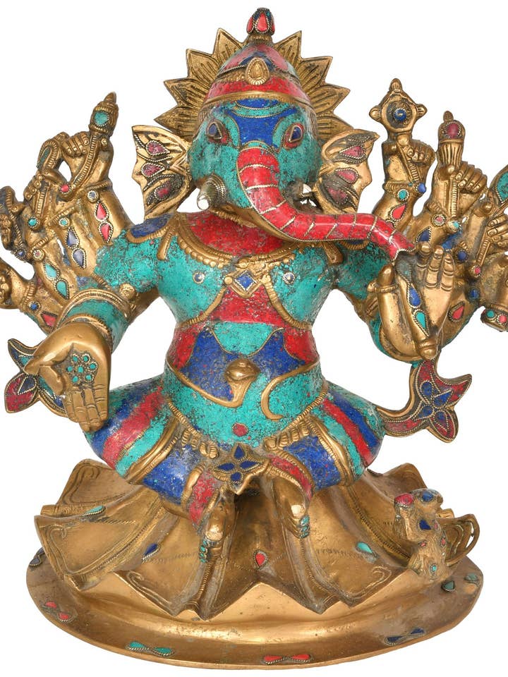 11" Dashabhujadhari Yoddha Ganesha In Brass | Handmade Idol for wholesale by Exotic India Art