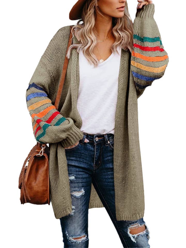 Chicto - Wholesale Cardigan - Women's - Plus Size Cardigan for Women Long Stripe Knit Open Front Sweaters Jacket 2XL