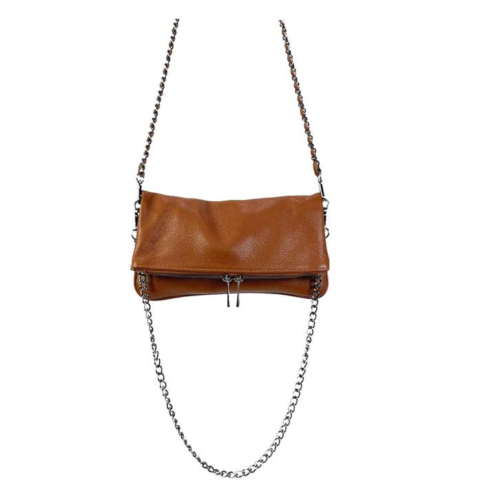 Brown Italian Grain Leather Shoulder Bag with Chain Handles for wholesale on Faire
