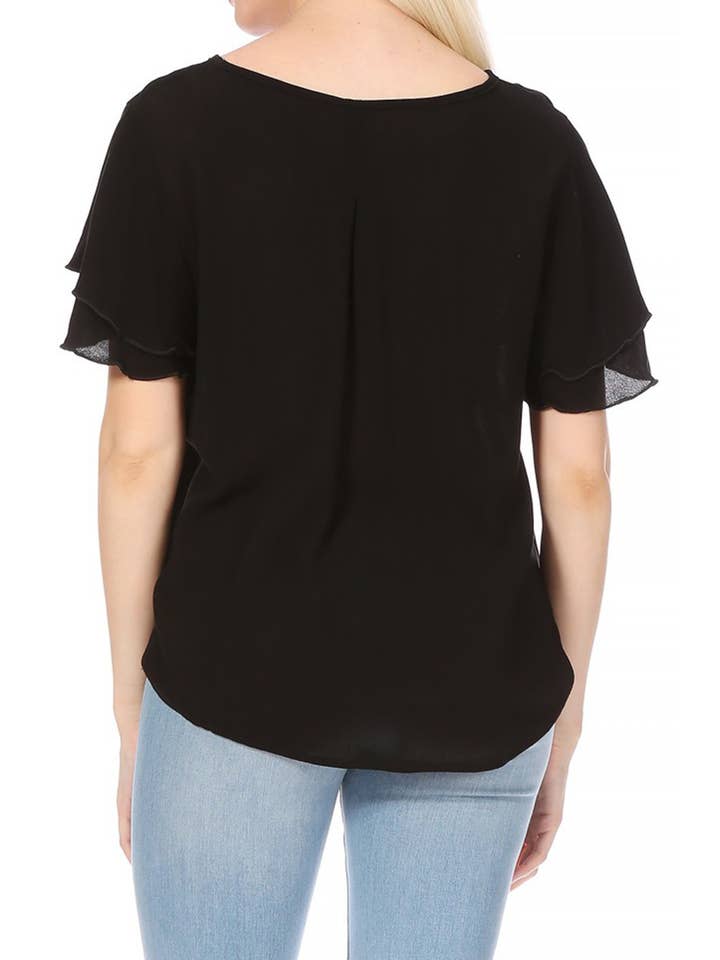 MOA COLLECTION - Wholesale Blouse - Women's - Casual Solid Flowy Short Flutter Sleeve Key Hole Blouse2