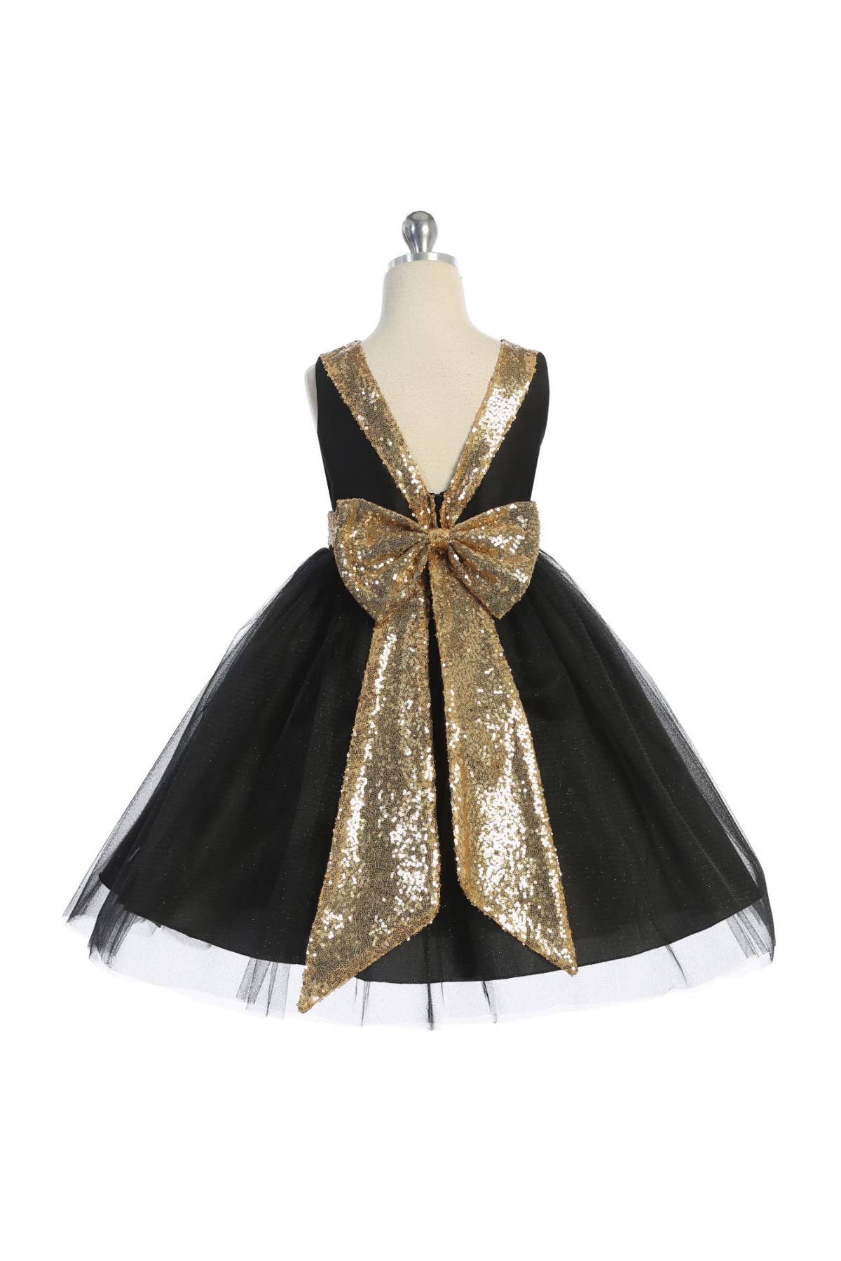 Kid's Dream - Vendita all'ingrosso Vestito - Bambini - Abito da bambina con paillettes oro, scollo a V sul retro e fiocco, anche taglie grandi1