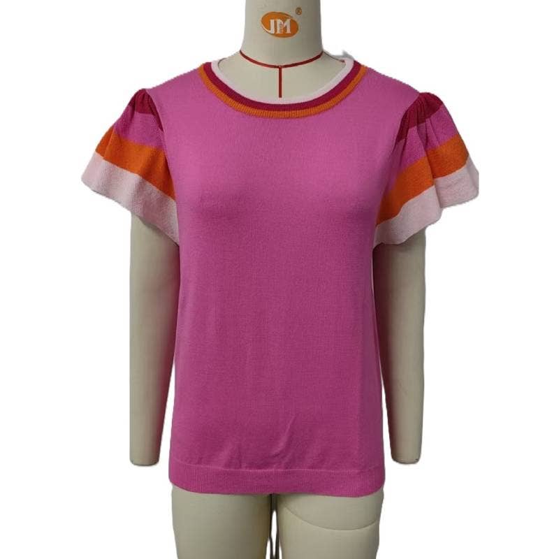 Rosa Clothing - Wholesale T-Shirt - Women's - Stylish Color-Block Ruffled Sleeve And Trim Knit Top3