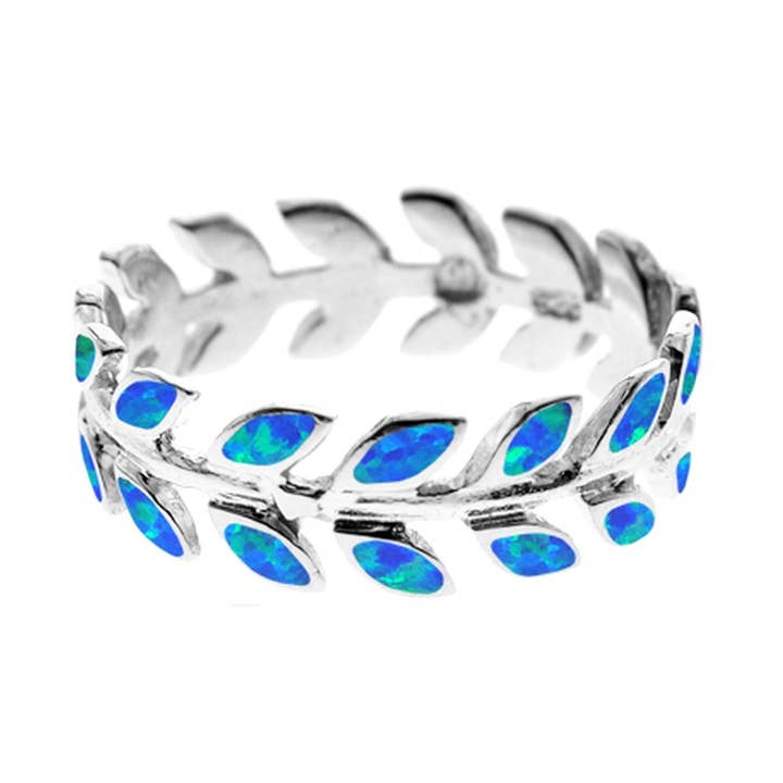 Anillo de banda con hojas emparejadas de ópalo azul Emerie para venta al por mayor de Kali Ma Designs - Sterling Silver Jewellery