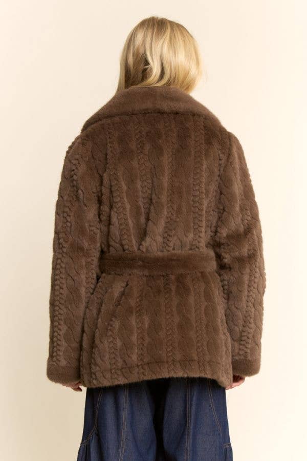 Brown TEXTURED FAUX FUR BELTED COAT for wholesale on Faire6