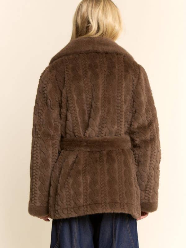 Brown TEXTURED FAUX FUR BELTED COAT for wholesale on Faire6