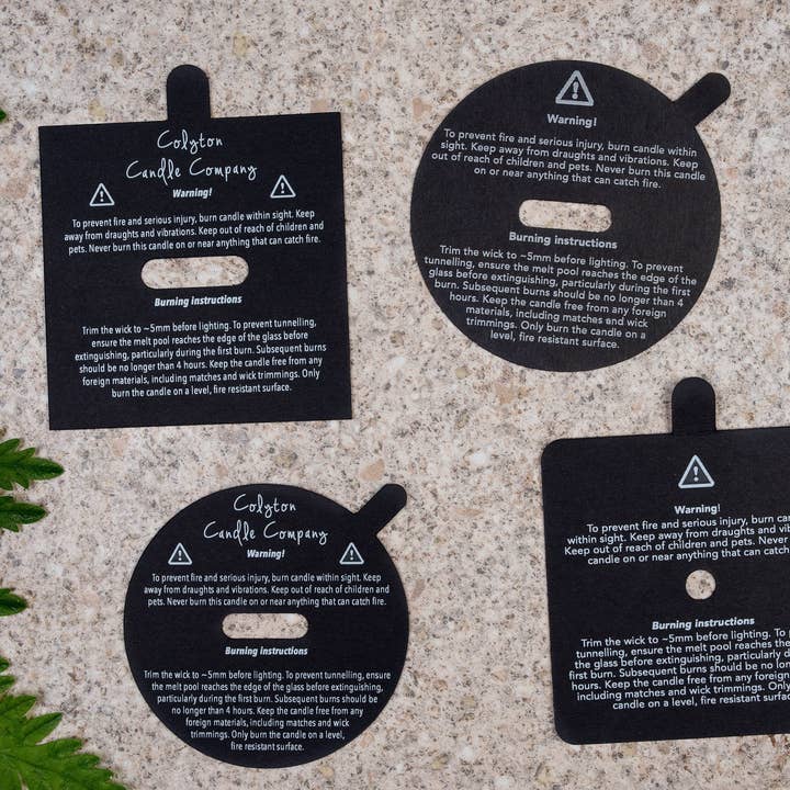 Sort firkantet advarsel og brændende instruktion Design Candle Dust Covers, til træ væge for engroshandel hos Fernery Designs