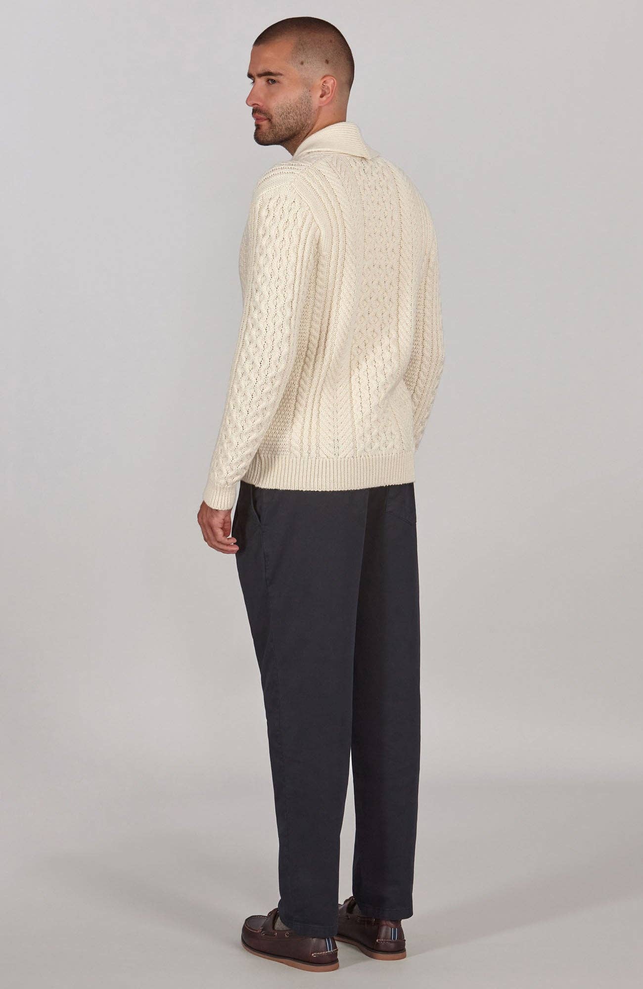 Paul James Knitwear - Wholesale Cardigan - Men's - Mens Chunky Merino Wool Shawl Collar Cable Cardigan6