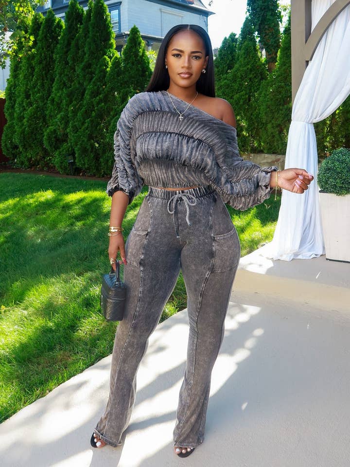 MB FASHION Ruched Off-Shoulder Top & High-Waist Flared Pants Set 9532 for wholesale by MB Fashion Wholesale