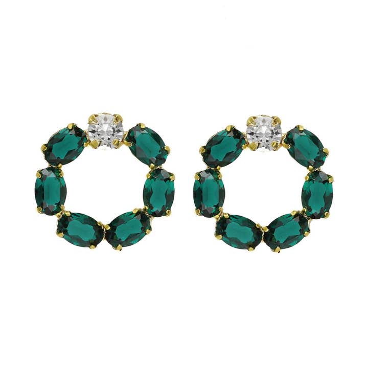 Short Harmony circle crystal earrings in gold-plated silver for wholesale by Victoria Cruz