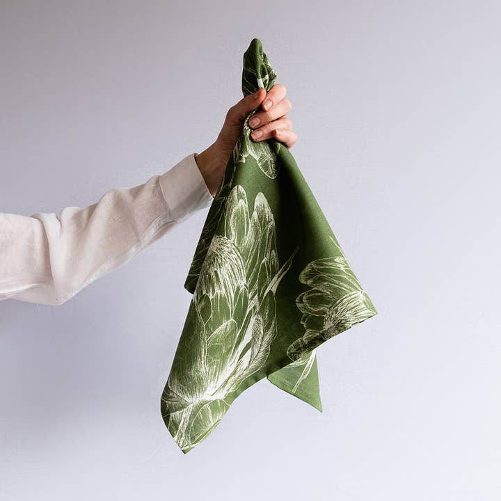 Linen Mix Tea Towel in King Protea Flower in Moss Green for wholesale by Musango