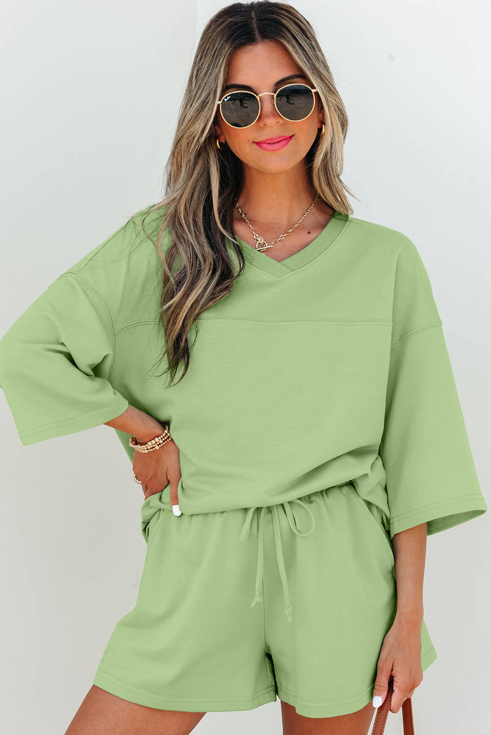 Aapparella - Wholesale Lounge Set - Women's - Solid V Neck Half Sleeve Tee & Shorts Set | S-XL & 1X-4X2