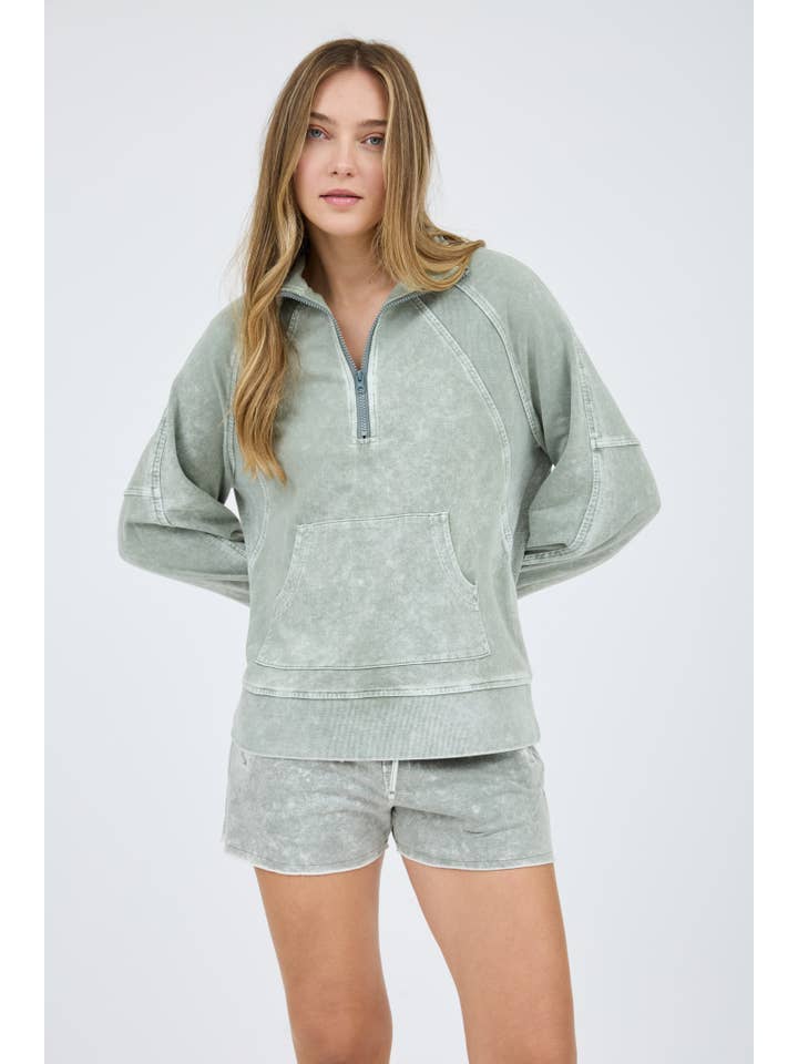 Blu Pepper - Wholesale Knit Top - Women's - WASHED HALF ZIP FRONT POCKET LONG SLEEVE KNIT TOP