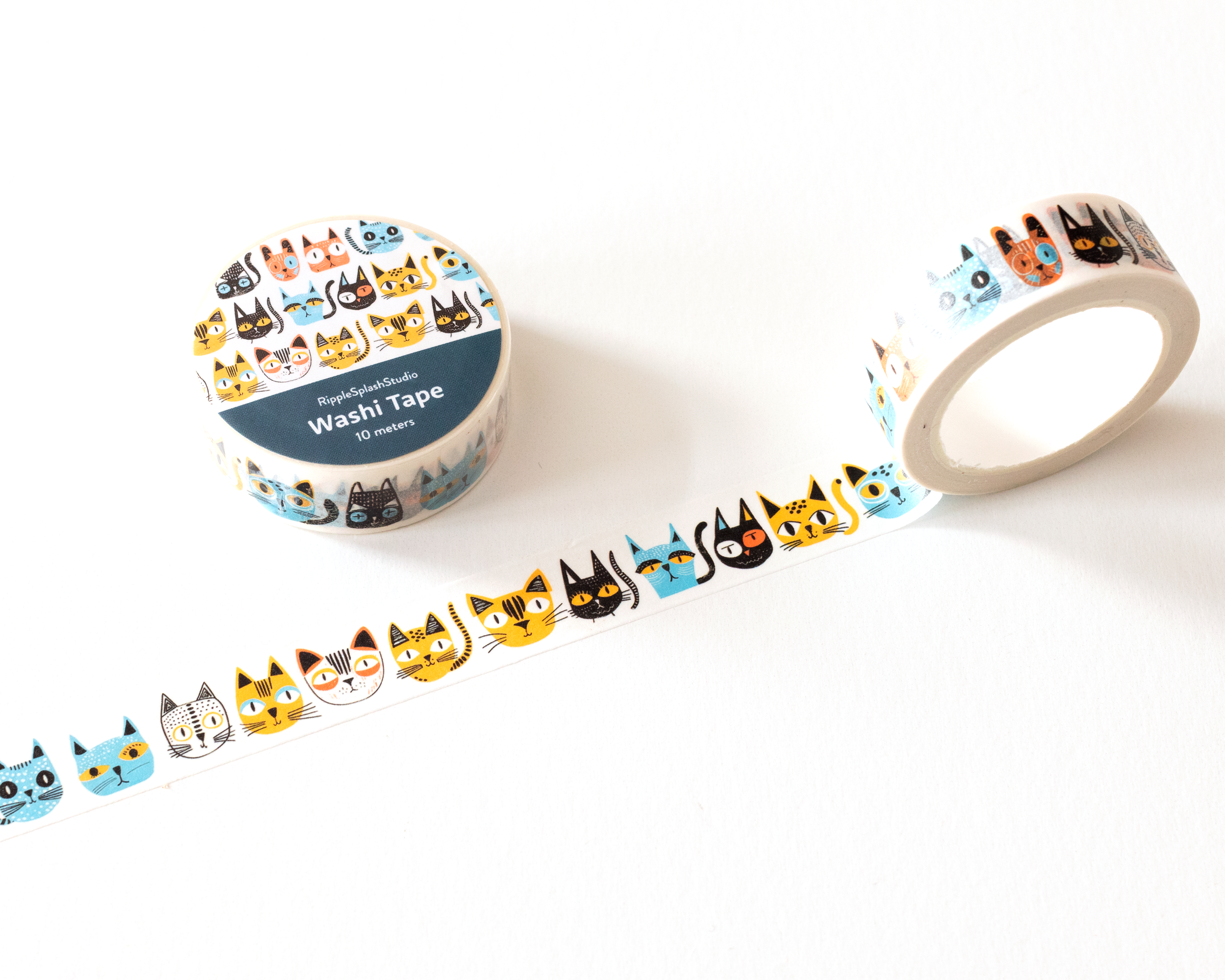 RippleSplash Studio - Wholesale Washi Tape - Playful Cat Faces Washi Tape - 15mm x 10m2