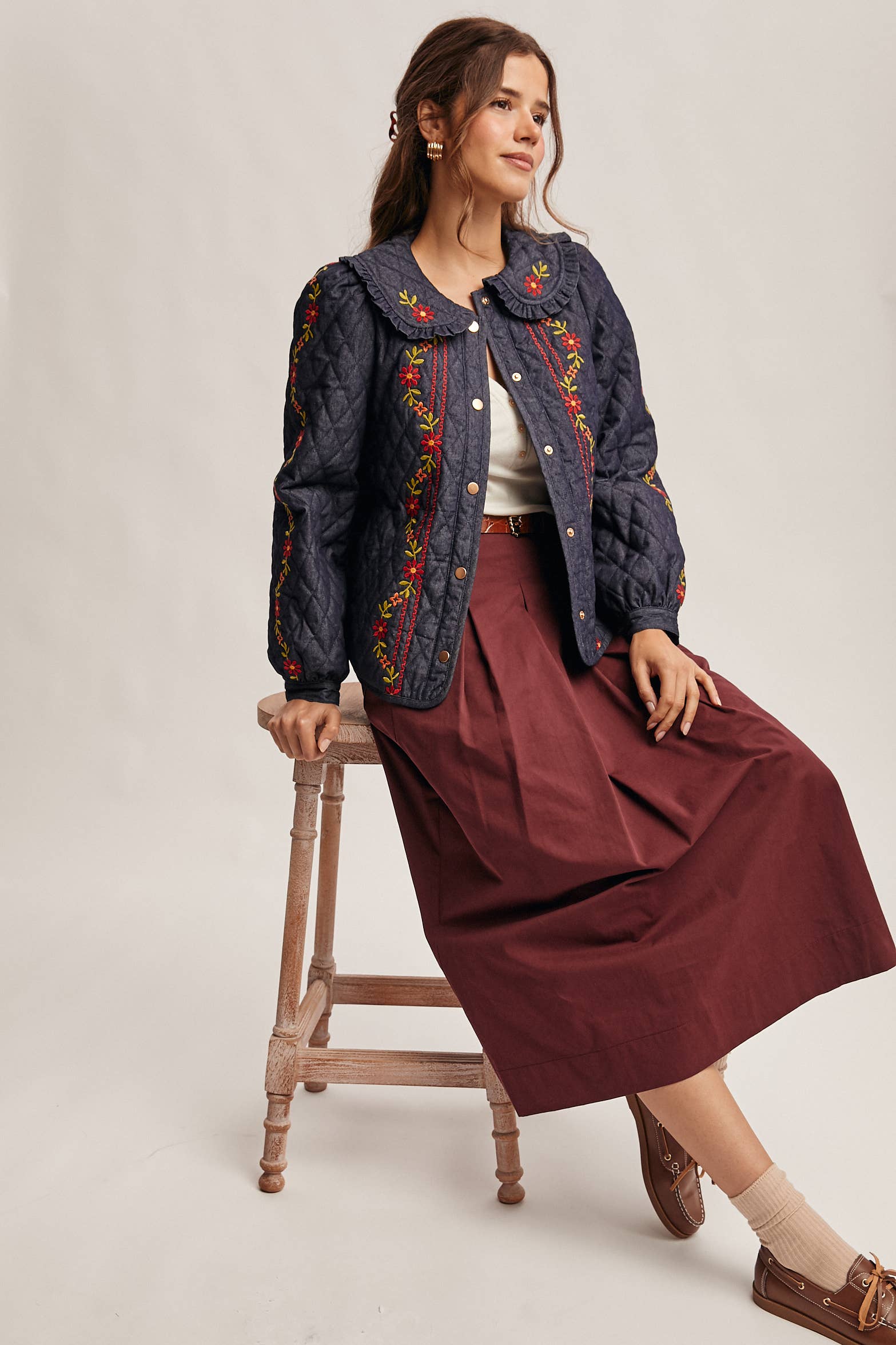 Midnat Indigo Broderet quiltet denimjakke FJ0008 for engroshandel på Faire18