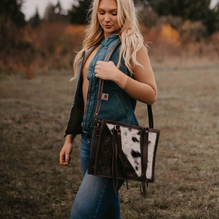 FRINGE & LUXE - Wholesale Tote Bag - Women's - Tooled cowhide tote handbag0