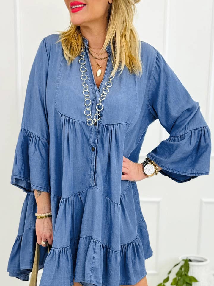 FULL TIME PURCHASE - Wholesale Dress - Women's - Chambray Ruffled 3/4 Sleeve Tiered Split V Neck Mini Dress0
