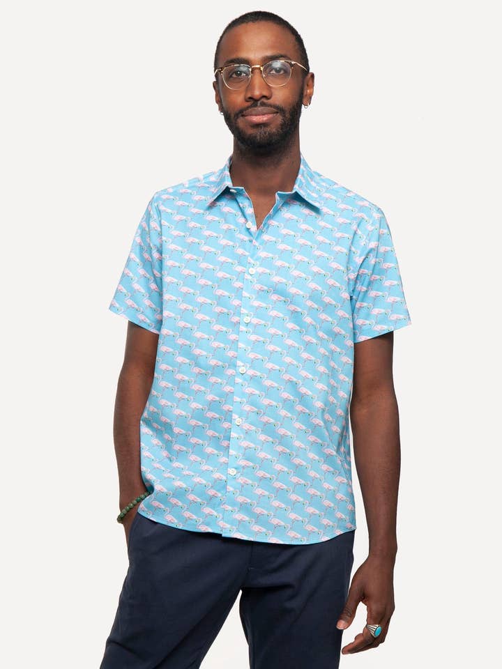 Short Sleeve Dylan Shirt | Teal Flamingos for wholesale by 18 Waits