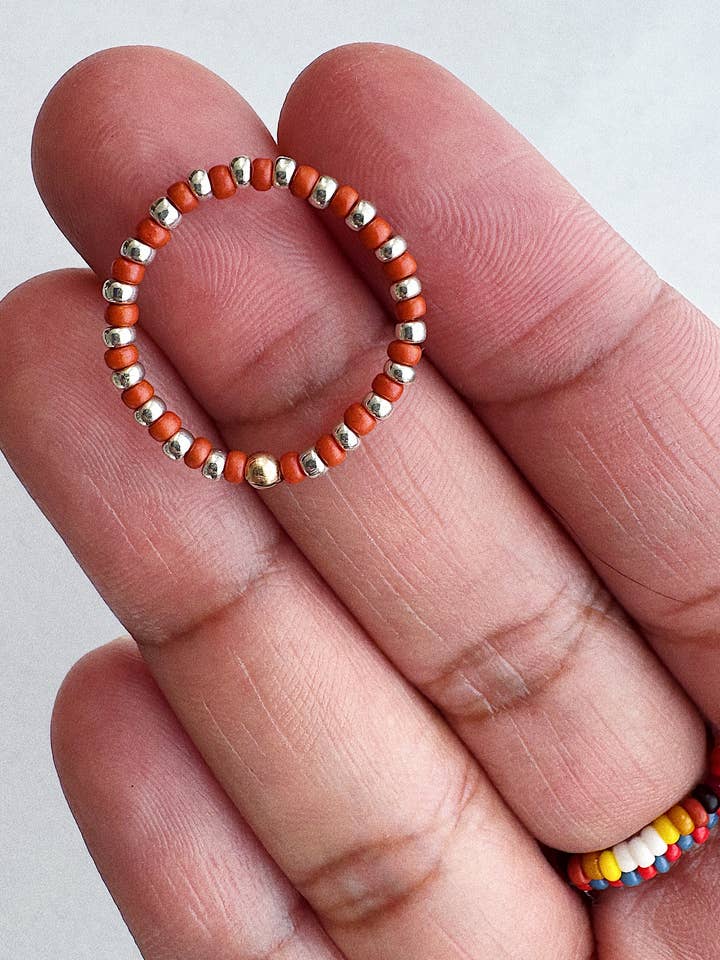 Mini Stripe Stretch Beaded Ring - brick / silver for wholesale by On the Lookout Jewelry
