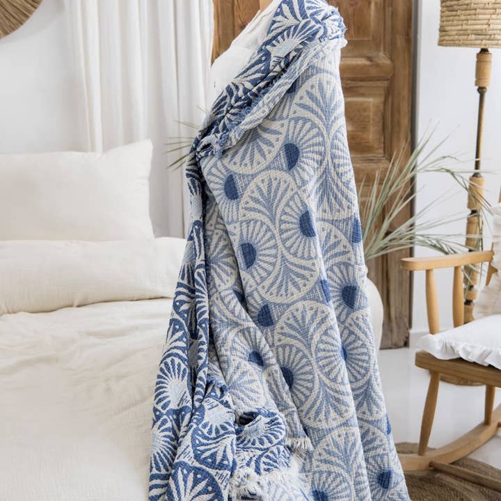 TurkanHome - Wholesale Bedding blanket - Ginkgo Muslin Bed Blanket/Queen-King/ Blue4