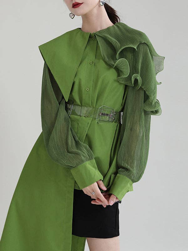 VividLux - Wholesale Blouse - Women's - Long Sleeves Loose Asymmetric Pleated Solid Color Split-Joint Falbala Lapel Blouses&Shirts Tops19