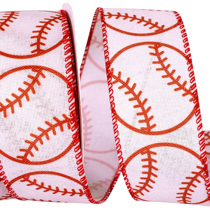 Baseball Spin Linen Wired Edge, White/red, 1-1/2 In for wholesale by RELIANT RIBBON